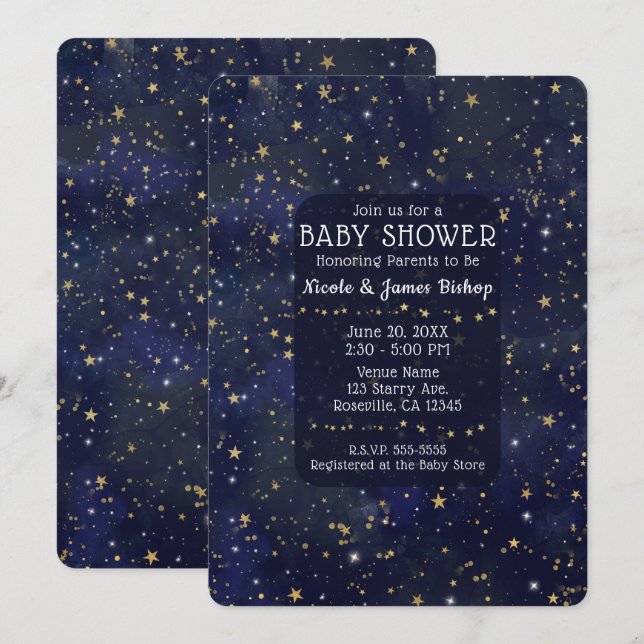 Invitación Baby Shower Celestial de Blue & Gold Starry Night  (Anverso / Reverso)