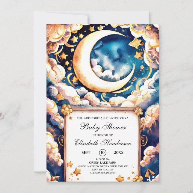 Invitación Baby Shower Celestial de la Luna Encantada (Anverso)