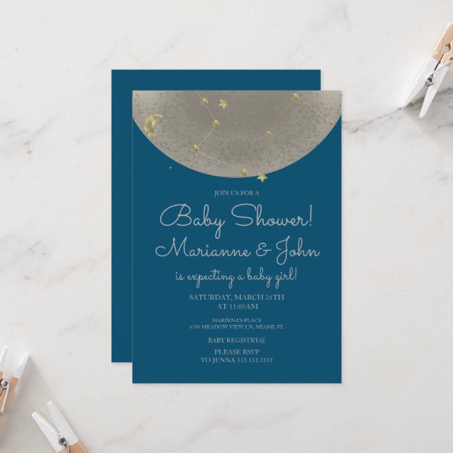Invitación Baby Shower Celestial Moon Stars Faux Gold (Anverso/Reverso In Situ)