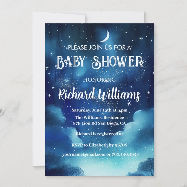 Invitación Baby Shower Celestial Starry Night Watercolor (Anverso)