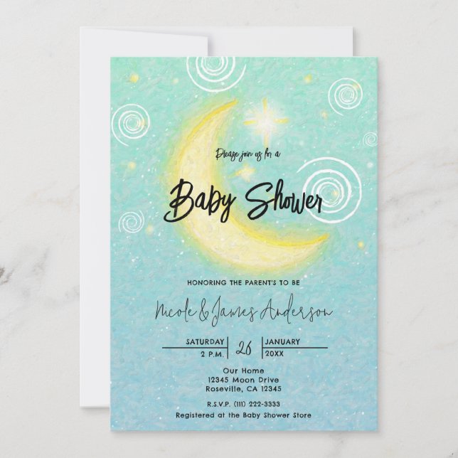 Invitación Baby Shower Celestial verde azulado Starry Moonlig (Anverso)