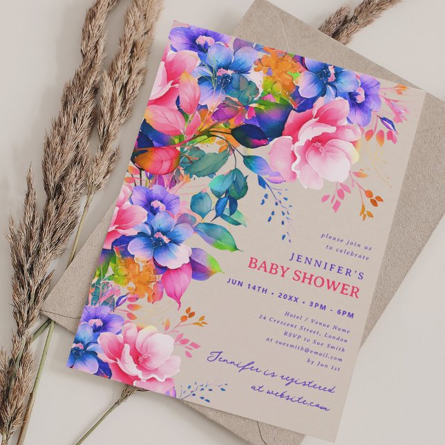 Invitación Baby Shower Champagne (Trendy Rainbow Garden Floral Baby Shower Champagne Invitation)
