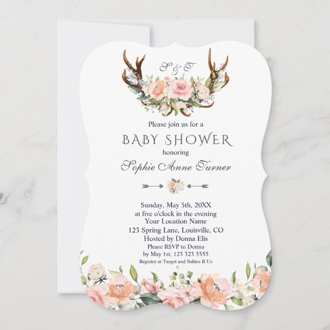 Invitación Baby Shower Charm Cream Floral Antlers (Anverso)