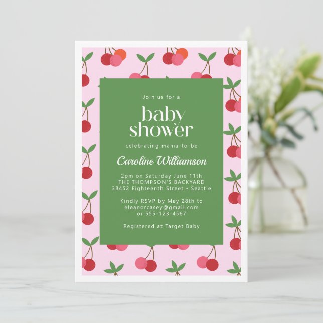 Invitación Baby Shower Cherry Fruit Red Pink Green Cute (Anverso de pie)