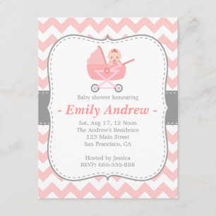 Invitación Baby Shower - Chevron Rosa y Blanco con Cochecito