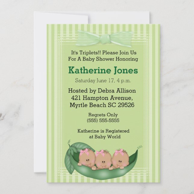 Invitación Baby Shower, Chica afroamericano de tripletas, inv (Anverso)
