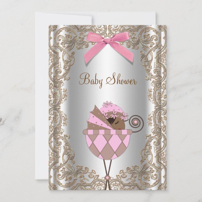 Invitación Baby Shower, Chica afroamericano rosa y marrón (Anverso)