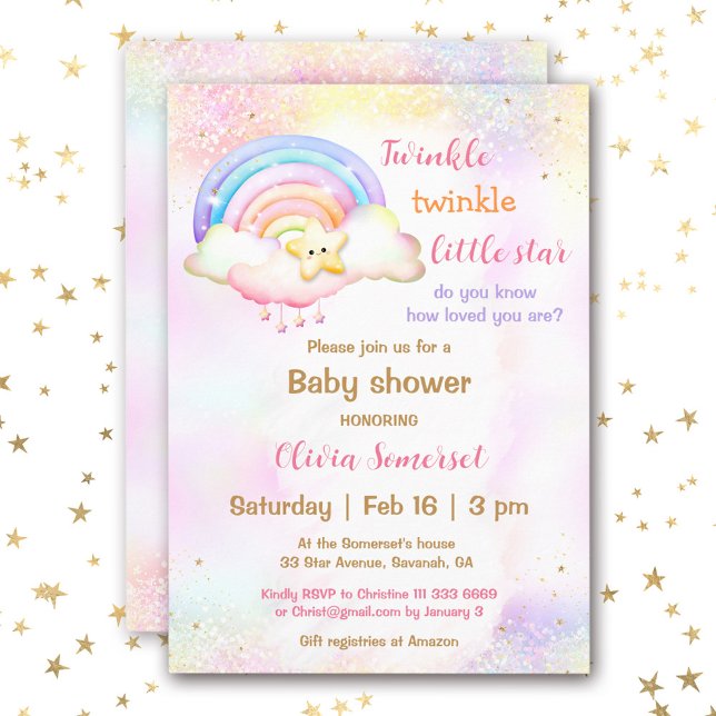 Invitación Baby Shower Chica arcoiris de estrella pequeña Twi (Twinkle Little Star Rainbow Girl Baby Shower Invitation)