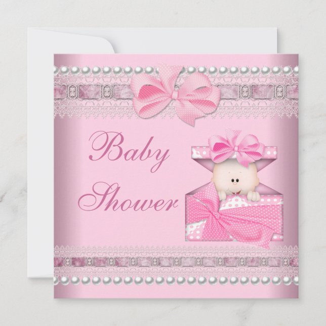 Invitación Baby Shower Chica Baby Pink Gift Pearl Lace (Anverso)