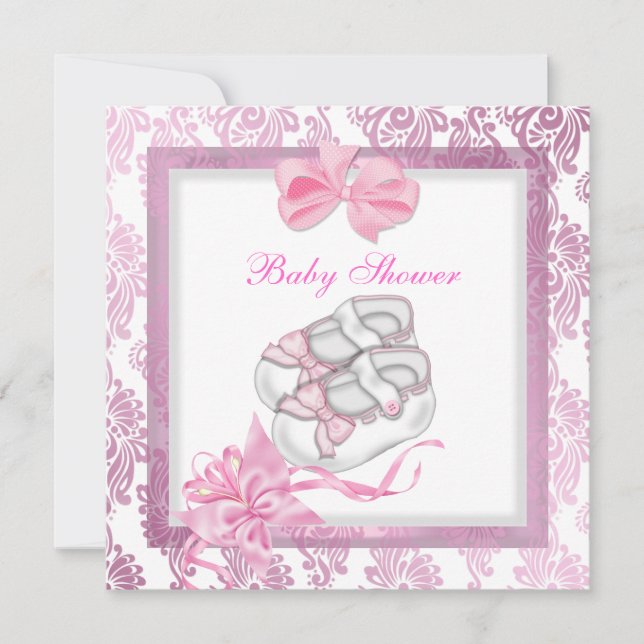 Invitación Baby Shower Chica Baby Pink Shoes Damask White (Anverso)