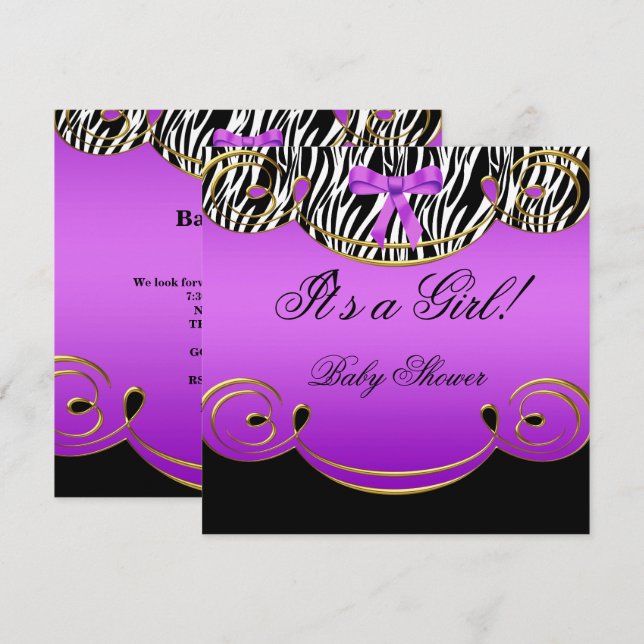 Invitación Baby Shower Chica Baby Purple Black Zebra (Anverso / Reverso)