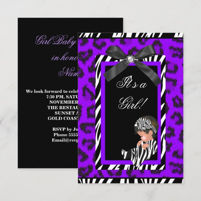 Invitación Baby Shower Chica Baby Purple Black Zebra (Anverso / Reverso)
