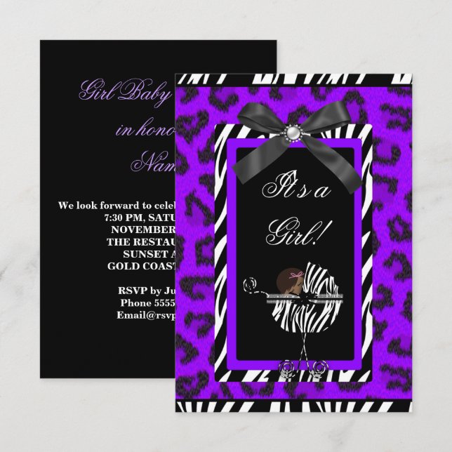 Invitación Baby Shower Chica Baby Purple Black Zebra (Anverso / Reverso)