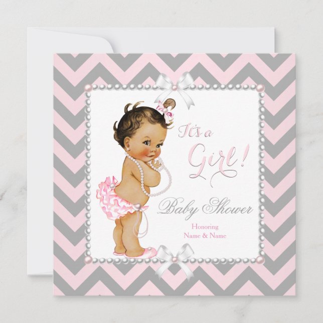 Invitación Baby Shower Chica banda gris rosa Brunette blanca (Anverso)