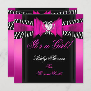 Invitación Baby Shower Chica bebé Cebra negra rosa caliente