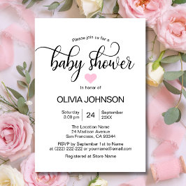 Invitación Baby Shower Chica blanco de corazón rosado persona
