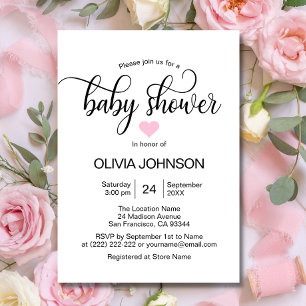 Invitación Baby Shower Chica blanco de corazón rosado persona