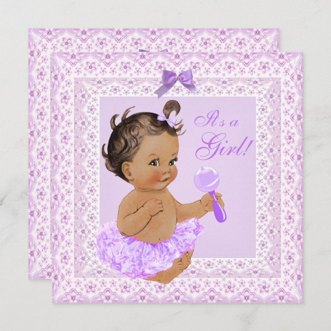 Invitación Baby Shower Chica Bonito Lavender Lace Brunette (Anverso / Reverso)