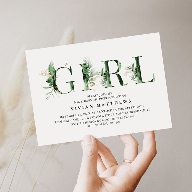 Invitación Baby Shower CHICA Botánico Tropical Green & Gold (Subido por el creador)