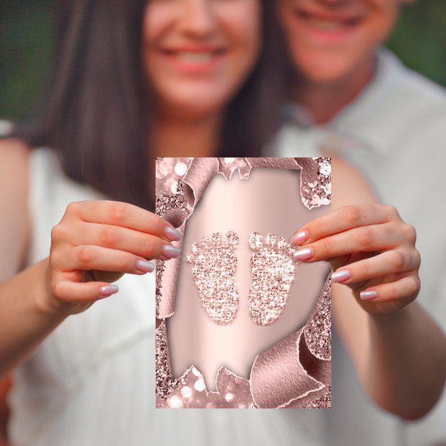 Invitación Baby Shower Chica Boy Feet Glam Rosa Rosado 3D (Baby Shower Girl Boy Feet Glam Rose Pink 3D Invitation)