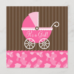Invitación Baby Shower Chica Camo de Carrito Marrón Rosa