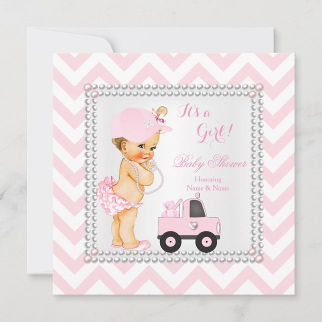 Invitación Baby Shower Chica Capucha rosa Camión Bear Blonde (Anverso)