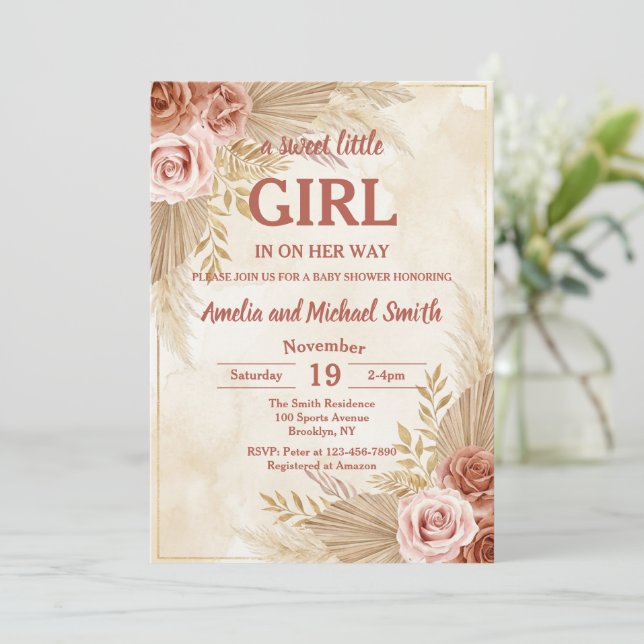 Invitación Baby Shower Chica Césped de Pampas Boho (Anverso de pie)