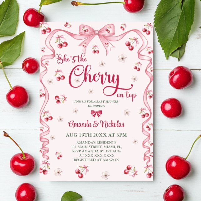 Invitación Baby Shower Chica Cherry Top Pink Bow (Subido por el creador)