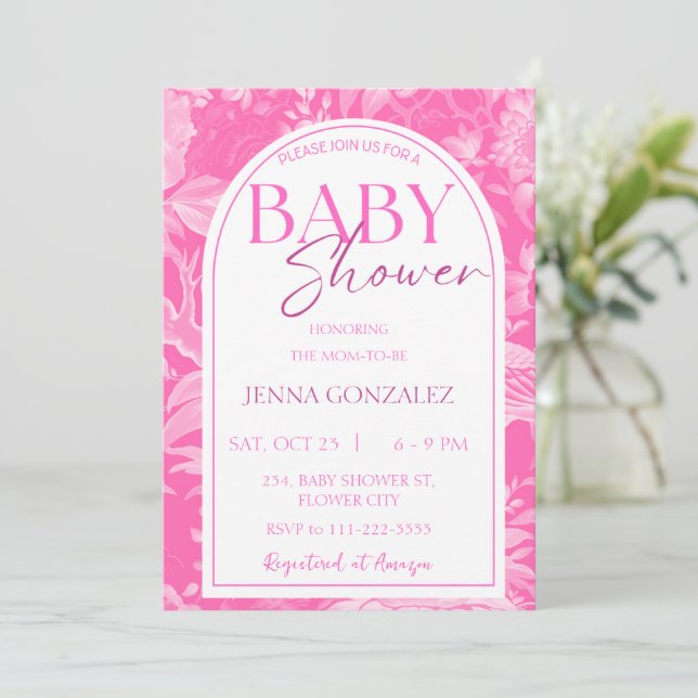 Invitación Baby Shower Chica Chinoiserie rosa caliente (Anverso de pie)