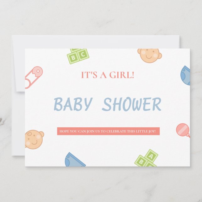 Invitación Baby Shower chica con batallas, bloques, ropa (Anverso)