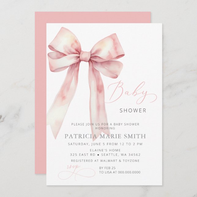 Invitación Baby Shower Chica Coquette Pink Bow (Anverso / Reverso)