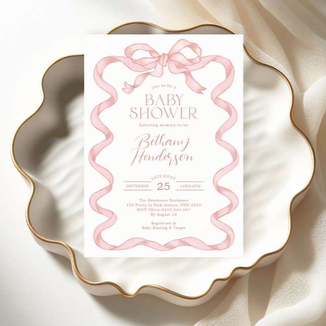 Invitación Baby Shower Chica Coquette Pink Bow moderno (Subido por el creador)