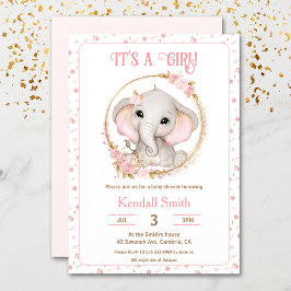 Invitación Baby Shower chica Cute Elephant Rosa y Flores