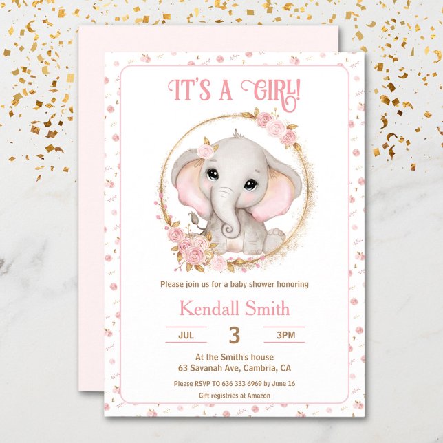 Invitación Baby Shower chica Cute Elephant Rosa y Flores (Girl Cute Pink Elephant and Flowers Baby Shower Invitation)