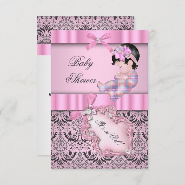 Invitación Baby Shower Chica Damask Gray rosa (Anverso / Reverso)
