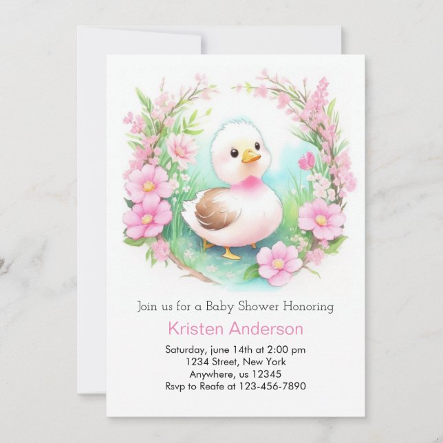 Invitación Baby Shower Chica de acuarela encantado de pato ro (Anverso)