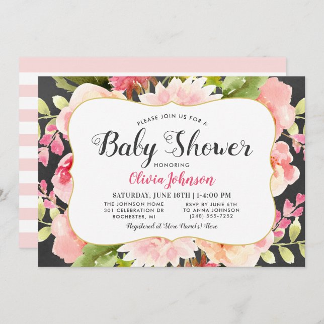 Invitación Baby Shower Chica de acuarela floral rosa moderno (Anverso / Reverso)