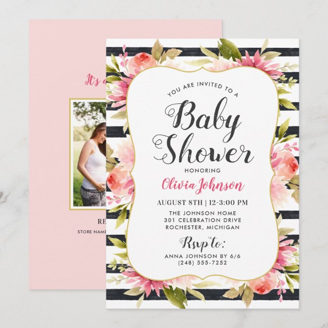 Invitación Baby Shower Chica de acuarela floral rosa moderno (Anverso / Reverso)