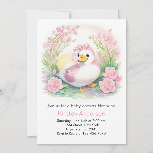 Invitación Baby Shower Chica de acuarela rosa de pato encanta (Anverso)