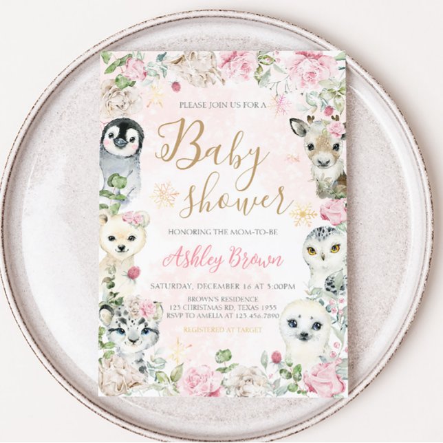 Invitación Baby Shower chica de Animales Árticos de Invierno (Floral Winter Wonderland Baby Shower Invitation)
