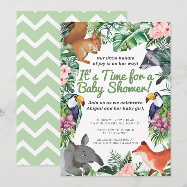 Invitación Baby Shower, Chica de Animales Tropicales de Hawái (Anverso / Reverso)