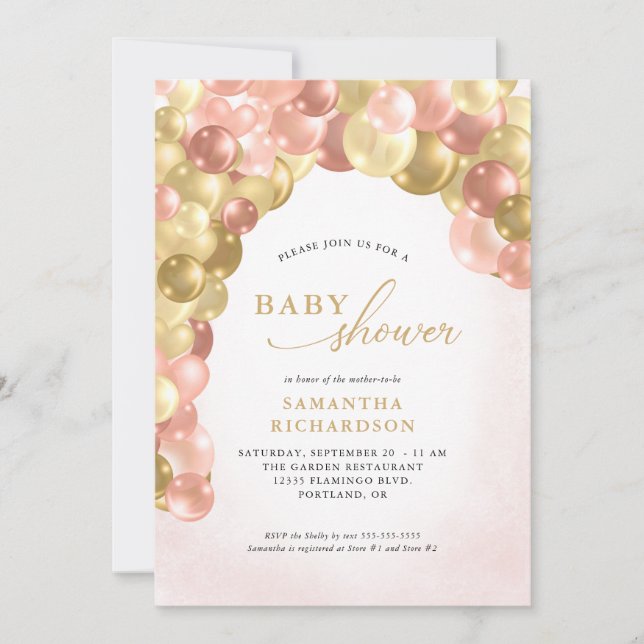 Invitación Baby Shower Chica de Arco de Globo Rosa y Oro (Anverso)