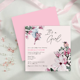Invitación Baby Shower Chica de Aves y Flores Rosa