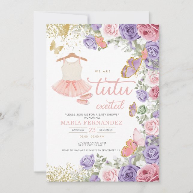 Invitación Baby Shower Chica de ballet de oro morado rosado (Anverso)