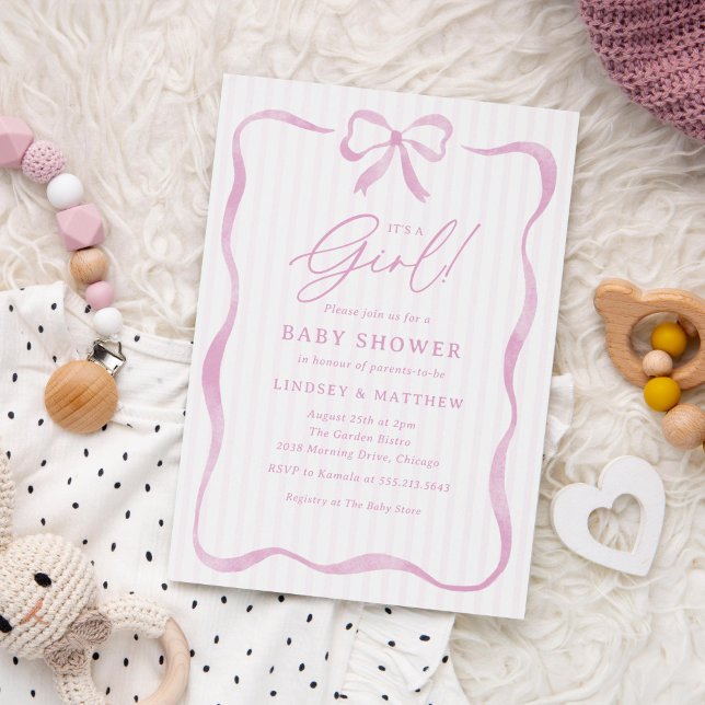 Invitación Baby Shower Chica de banda de cinta rosada (pink baby shower invitation for girls with watercolor ribbon and bow)