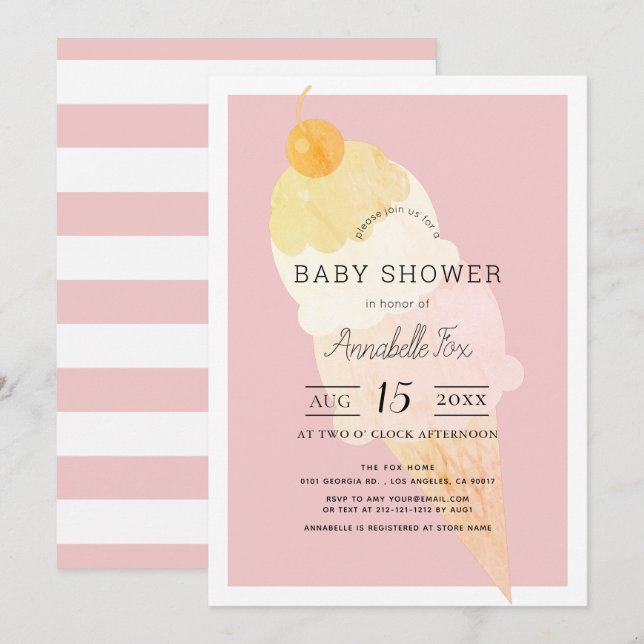 Invitación Baby Shower Chica de banda rosa helado crema (Anverso / Reverso)