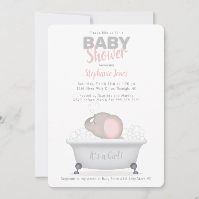 Invitación Baby Shower Chica de Baño de Elefante Búbico (Anverso)