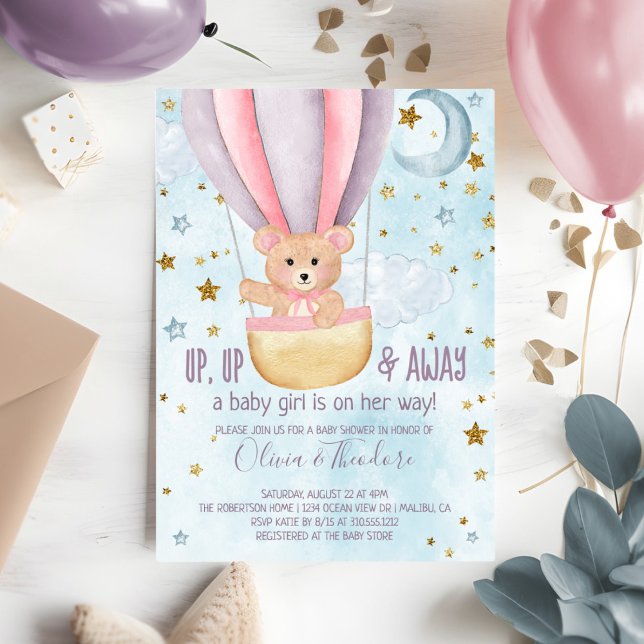Invitación Baby Shower Chica de Bear de Balón de aire calient (Subido por el creador)