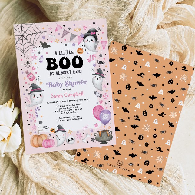 Invitación Baby Shower Chica de boo de Fantasma Rosa Hallowee (Subido por el creador)