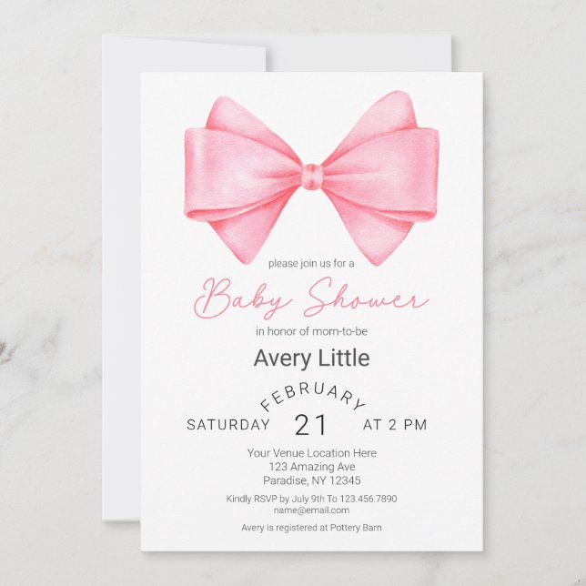 Invitación Baby Shower Chica de Bow rosado moderno (Anverso)